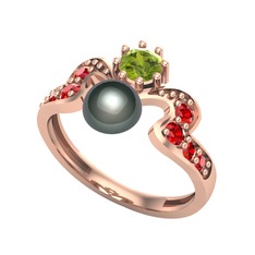 Ner İnci Yüzük - Siyah inci, peridot ve garnet 18 ayar rose altın yüzük #1mjd37l
