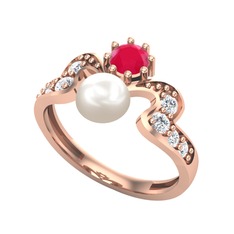 Ner İnci Yüzük - Inci, kök yakut ve pırlanta 18 ayar rose altın yüzük (0.48 karat) #1n912ge