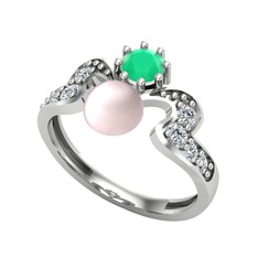Ner İnci Yüzük - Pembe inci, kök zümrüt ve swarovski 18 ayar beyaz altın yüzük #1nbreju