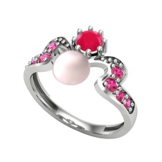 Pembe inci, kök yakut ve rodolit garnet 14 ayar beyaz altın yüzük