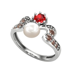 Ner İnci Yüzük - Inci, garnet ve dumanlı kuvars 925 ayar gümüş yüzük #1nllk5g