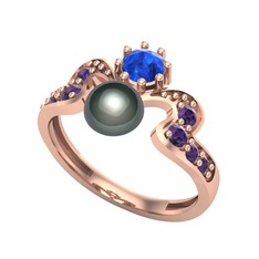 Ner İnci Yüzük - Siyah inci, lab safir ve ametist 925 ayar rose altın kaplama gümüş yüzük #1nmys0r
