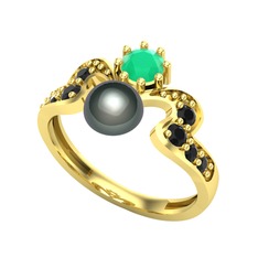 Ner İnci Yüzük - Siyah inci, kök zümrüt ve siyah zirkon 18 ayar altın yüzük #1nw6vf