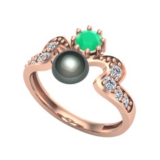 Ner İnci Yüzük - Siyah inci, kök zümrüt ve swarovski 14 ayar rose altın yüzük #1omh77w