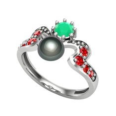 Siyah inci, kök zümrüt ve garnet 8 ayar beyaz altın yüzük