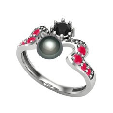 Ner İnci Yüzük - Siyah inci, siyah zirkon ve kök yakut 18 ayar beyaz altın yüzük #1ppm7uk