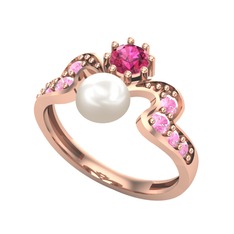 Ner İnci Yüzük - Inci, rodolit garnet ve pembe kuvars 8 ayar rose altın yüzük #1prtyo3