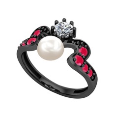 Ner İnci Yüzük - Inci, swarovski ve kök yakut 925 ayar siyah rodyum kaplama gümüş yüzük #1q1gsgq