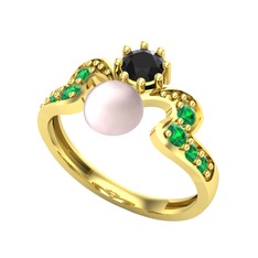 Ner İnci Yüzük - Pembe inci, siyah zirkon ve yeşil kuvars 18 ayar altın yüzük #1q5p2ww