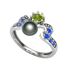 Ner İnci Yüzük - Siyah inci, peridot ve lab safir 18 ayar beyaz altın yüzük #1q5xuk3
