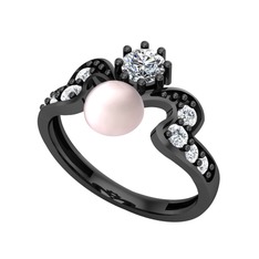 Ner İnci Yüzük - Pembe inci, swarovski ve pırlanta 925 ayar siyah rodyum kaplama gümüş yüzük (0.48 karat) #1q5ynou