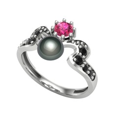 Siyah inci, rodolit garnet ve siyah zirkon 14 ayar beyaz altın yüzük