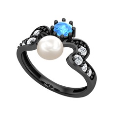 Ner İnci Yüzük - Inci, akuamarin ve pırlanta 925 ayar siyah rodyum kaplama gümüş yüzük (0.48 karat) #1qewbo4