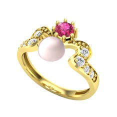 Ner İnci Yüzük - Pembe inci, rodolit garnet ve pırlanta 14 ayar altın yüzük (0.48 karat) #1qxytxg