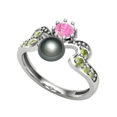 Siyah inci, pembe kuvars ve peridot 18 ayar beyaz altın yüzük