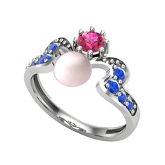 Ner İnci Yüzük - Pembe inci, rodolit garnet ve lab safir 14 ayar beyaz altın yüzük #1r6a6t9