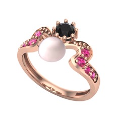 Ner İnci Yüzük - Pembe inci, siyah zirkon ve rodolit garnet 14 ayar rose altın yüzük #1rga9zl