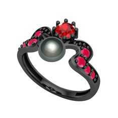 Ner İnci Yüzük - Siyah inci, garnet ve kök yakut 925 ayar siyah rodyum kaplama gümüş yüzük #1rhzzzv