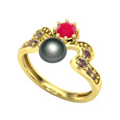 Ner İnci Yüzük - Siyah inci, kök yakut ve dumanlı kuvars 18 ayar altın yüzük #1ri2vg7