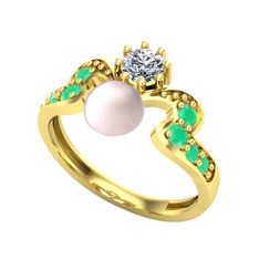 Ner İnci Yüzük - Pembe inci, swarovski ve kök zümrüt 18 ayar altın yüzük #1rnim6v
