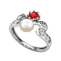 Ner İnci Yüzük - Inci, garnet ve pırlanta 18 ayar beyaz altın yüzük (0.48 karat) #1rtcrmw