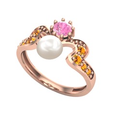 Inci, pembe kuvars ve sitrin 14 ayar rose altın yüzük