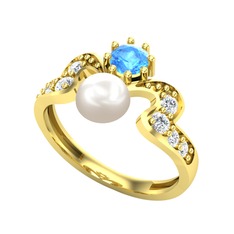 Ner İnci Yüzük - Inci, akuamarin ve pırlanta 14 ayar altın yüzük (0.48 karat) #1s9hr7x