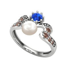 Ner İnci Yüzük - Inci, lab safir ve dumanlı kuvars 14 ayar beyaz altın yüzük #1sfgmly