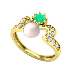 Ner İnci Yüzük - Pembe inci, kök zümrüt ve pırlanta 14 ayar altın yüzük (0.48 karat) #1snycp6