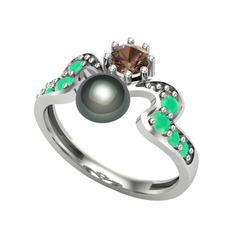 Siyah inci, dumanlı kuvars ve kök zümrüt 8 ayar beyaz altın yüzük