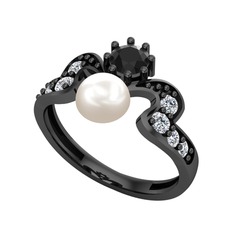 Ner İnci Yüzük - Inci, siyah zirkon ve swarovski 925 ayar siyah rodyum kaplama gümüş yüzük #1sysz38
