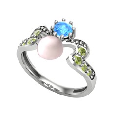 Ner İnci Yüzük - Pembe inci, akuamarin ve peridot 14 ayar beyaz altın yüzük #1t3hwxt