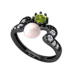 Ner İnci Yüzük - Pembe inci, peridot ve swarovski 925 ayar siyah rodyum kaplama gümüş yüzük #1t5sese