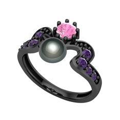 Ner İnci Yüzük - Siyah inci, pembe kuvars ve ametist 925 ayar siyah rodyum kaplama gümüş yüzük #1t5tl9v
