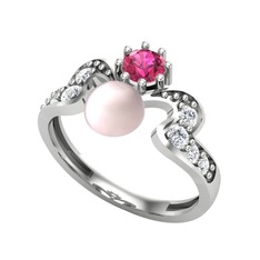 Ner İnci Yüzük - Pembe inci, rodolit garnet ve pırlanta 18 ayar beyaz altın yüzük (0.48 karat) #1tbkc33