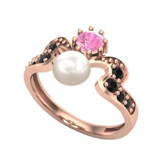 Inci, pembe kuvars ve siyah zirkon 18 ayar rose altın yüzük