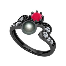 Ner İnci Yüzük - Siyah inci, kök yakut ve beyaz zirkon 925 ayar siyah rodyum kaplama gümüş yüzük #1txlirs