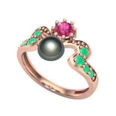 Ner İnci Yüzük - Siyah inci, rodolit garnet ve kök zümrüt 18 ayar rose altın yüzük #1ug7g8y