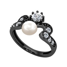 Ner İnci Yüzük - Inci, pırlanta ve beyaz zirkon 925 ayar siyah rodyum kaplama gümüş yüzük (0.35 karat) #1uqcej
