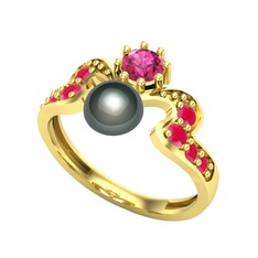 Ner İnci Yüzük - Siyah inci, rodolit garnet ve kök yakut 8 ayar altın yüzük #1utujpl