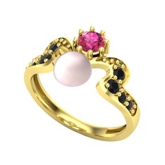 Ner İnci Yüzük - Pembe inci, rodolit garnet ve siyah zirkon 925 ayar altın kaplama gümüş yüzük #1uwce7u