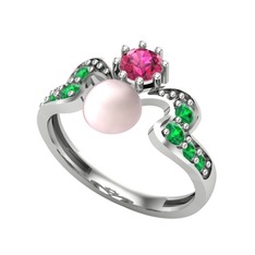 Ner İnci Yüzük - Pembe inci, rodolit garnet ve yeşil kuvars 8 ayar beyaz altın yüzük #1ux2z7u
