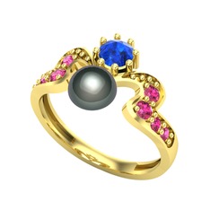 Ner İnci Yüzük - Siyah inci, lab safir ve rodolit garnet 8 ayar altın yüzük #1v3uat3