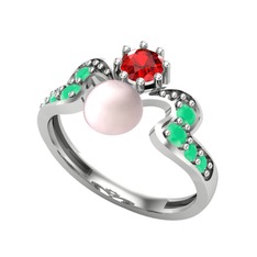 Pembe inci, garnet ve kök zümrüt 8 ayar beyaz altın yüzük