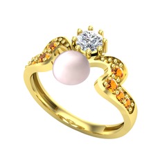 Ner İnci Yüzük - Pembe inci, pırlanta ve sitrin 925 ayar altın kaplama gümüş yüzük (0.35 karat) #1w00zic