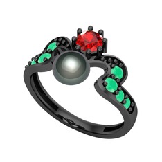 Ner İnci Yüzük - Siyah inci, garnet ve kök zümrüt 925 ayar siyah rodyum kaplama gümüş yüzük #1w5qsg2