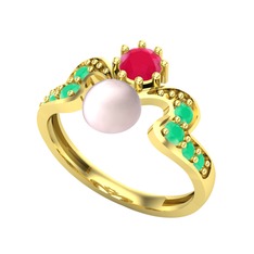 Ner İnci Yüzük - Pembe inci, kök yakut ve kök zümrüt 8 ayar altın yüzük #1w6f2q9