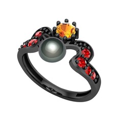 Ner İnci Yüzük - Siyah inci, sitrin ve garnet 925 ayar siyah rodyum kaplama gümüş yüzük #1wpf6m2