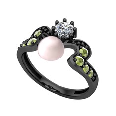 Ner İnci Yüzük - Pembe inci, swarovski ve peridot 925 ayar siyah rodyum kaplama gümüş yüzük #1wpg4d3