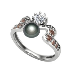 Ner İnci Yüzük - Siyah inci, pırlanta ve dumanlı kuvars 8 ayar beyaz altın yüzük (0.35 karat) #1wq3qqk